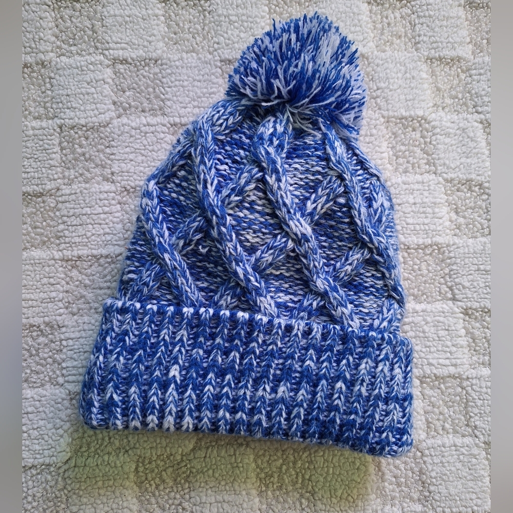 Zephyr Blue and White Knit Pom-Pom Hat for Kids - Picture 2 of 5